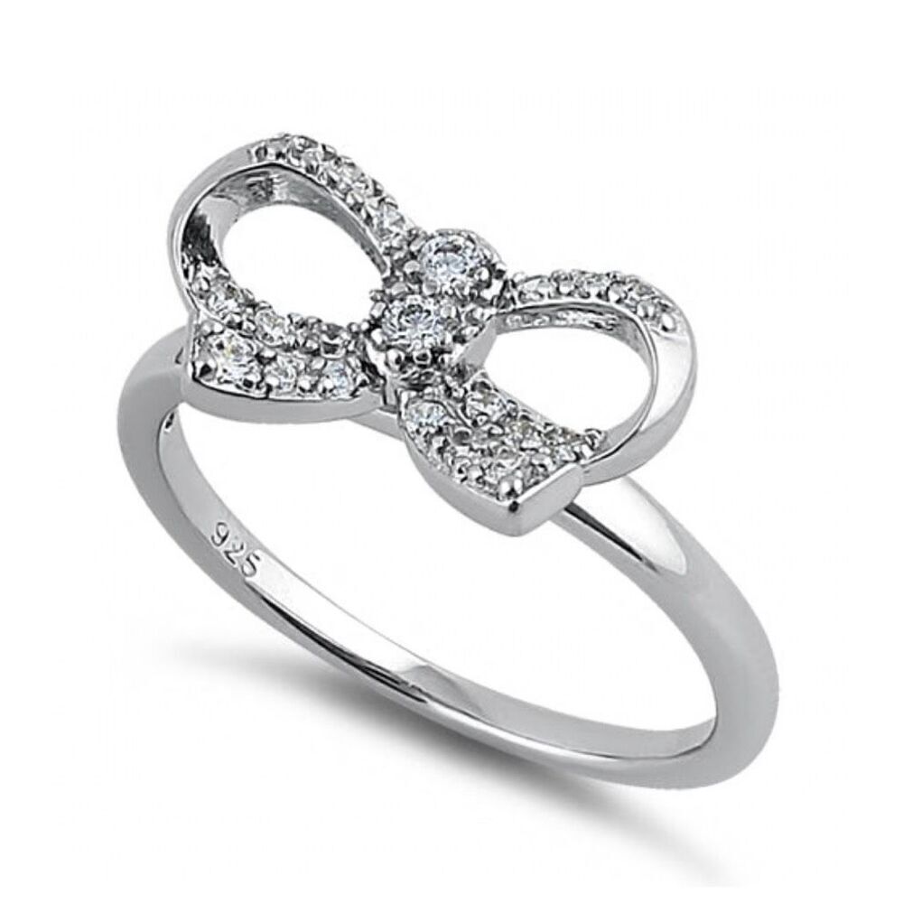 Sterling Silver Clear Bow Ribbon CZ Ring New